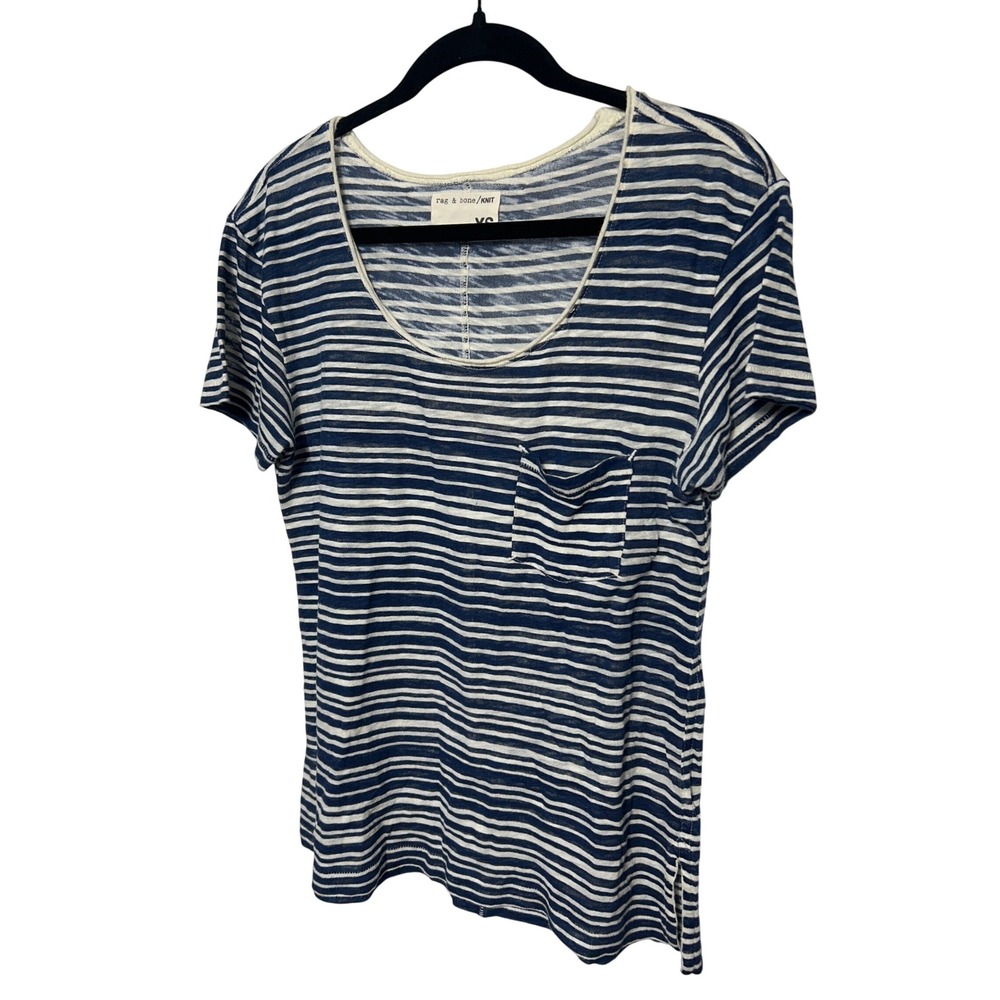 Rag & Bone Knit‎ Striped Scoop Neck Raw Hem Lightweight Top Navy Ivory Size XS